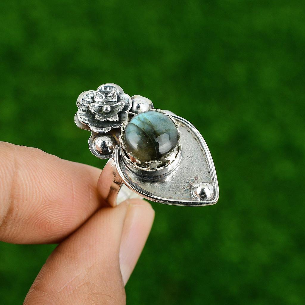 Natural Labradorite Gemstone Statement Flower Adjustable Ring 925 Silver