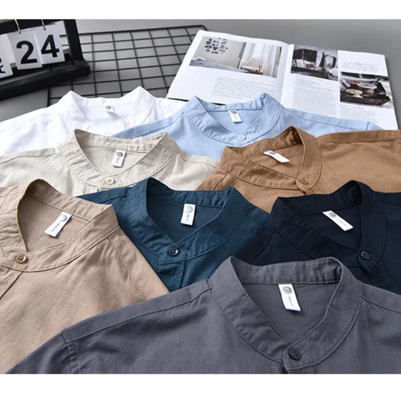 Рубашки из хлопка и льна простого стиля для мужчин Весна Лето Повседневная рубашка с длинным рукавом Карман Воротник-стойка Однотонная рубашка Пляжная Дышащая Мужская Топ
