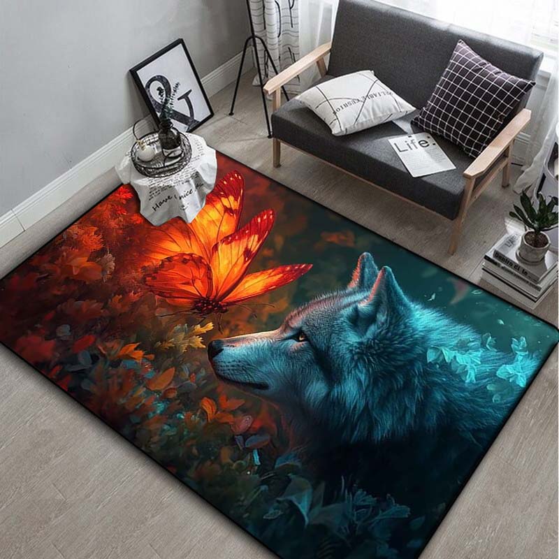 Green Bokeh Wolf Family Portrait Grey Wolf Three Cute Wild Cubs Wildflower Non Slip Rug Washable Wildlife Animal Lover Living Bedroom Decor Carpet