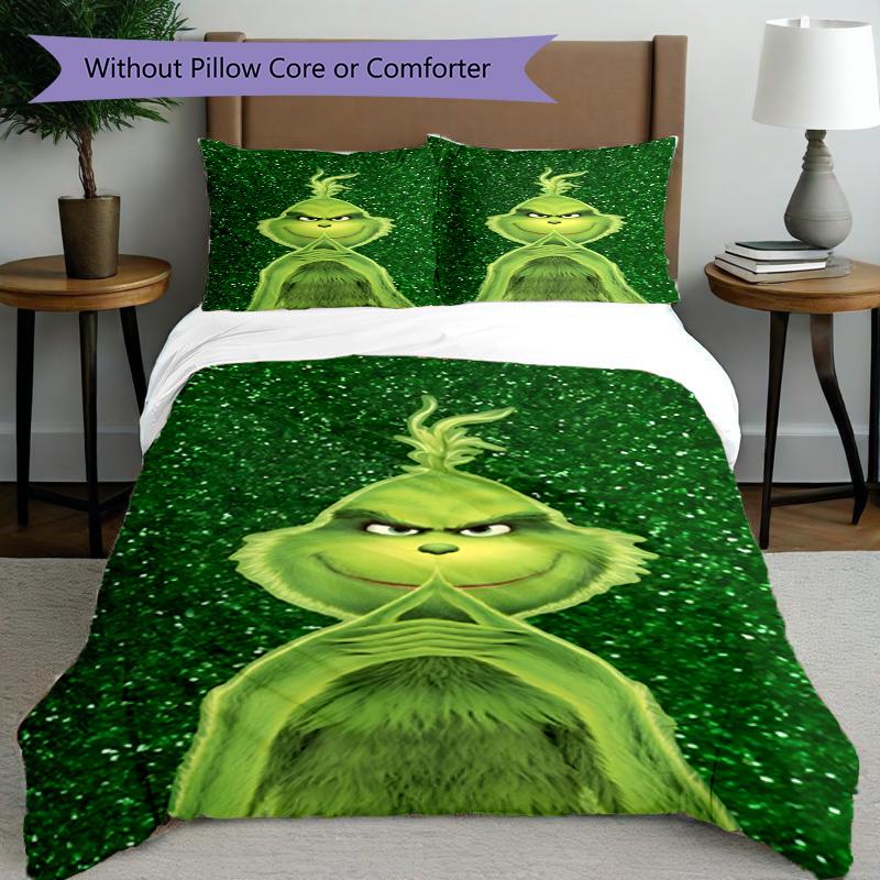 3pcs Duvet Cover Set (1*Duvet Cover + 2*Pillowcase, Without Core), The Grinch Print Bedding Set, Bedroom Decor, All‑Season, Birthday Gift