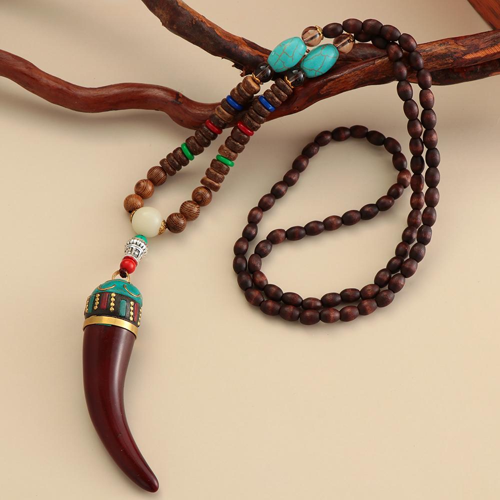 Boho Lucky Gift Ethnic Jewelry Party Buddhist Mala Wood Bead Horn Fish Pendant Nepal Necklace
