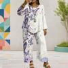 Women Plus Size Butterfly Printed Two Piece Set Round Neck Long Sleeve Layered Top Wide Leg Cropped Pants