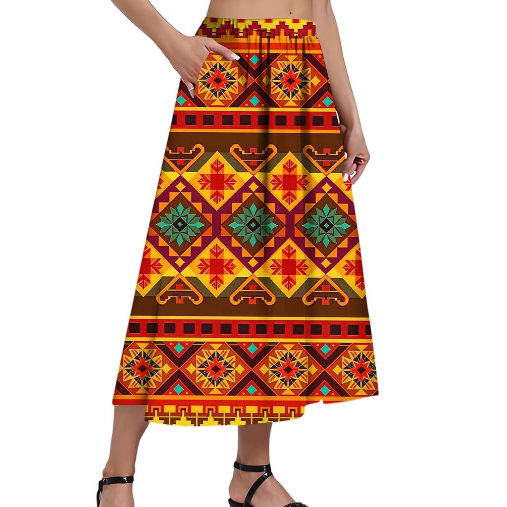 Ladies Casual Fashion Printed Skirt Elasticated Loose Pocket Pleated Half-body Skirt (With Side Pocket)