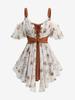 Rosegal Plus Size Cold Shoulder Rose Flower Printed Jacquard Embroidery Lace Up Belted 2 In 1 Blouse