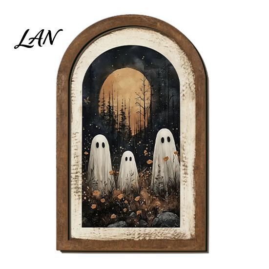 Decorative Shelf Ghost Art Halloween Wall Decor, Cute Table Sign, Vintage Arch Framed Tabletop Decoration Picture, for Mantel Living Room Bedroom