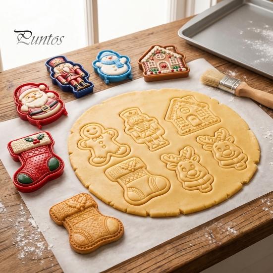 Party Snack Baking Kit Christmas Cookie Cutter, Push Type Integrated Mold, Plastic Holiday Biscuit Stampers Clay Decorating Tool for Kitchen Supplies