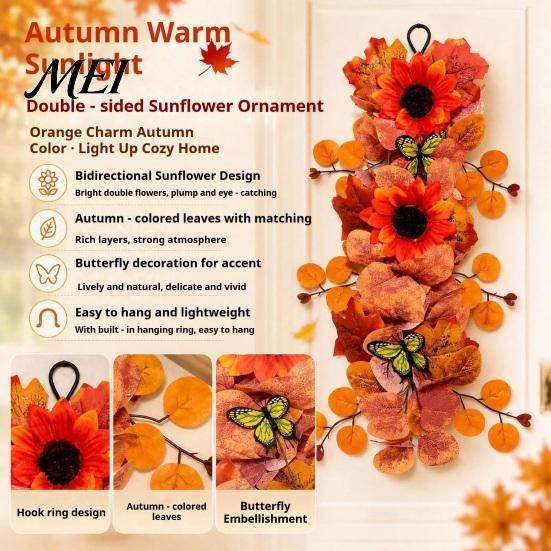 Elegant Multi-layer Maple Leaf Wreath Artificial Fall Sunflower Wall Hanging, Garland with Butterfly, Autumn for Front Door Harvest Indoor Outdoor