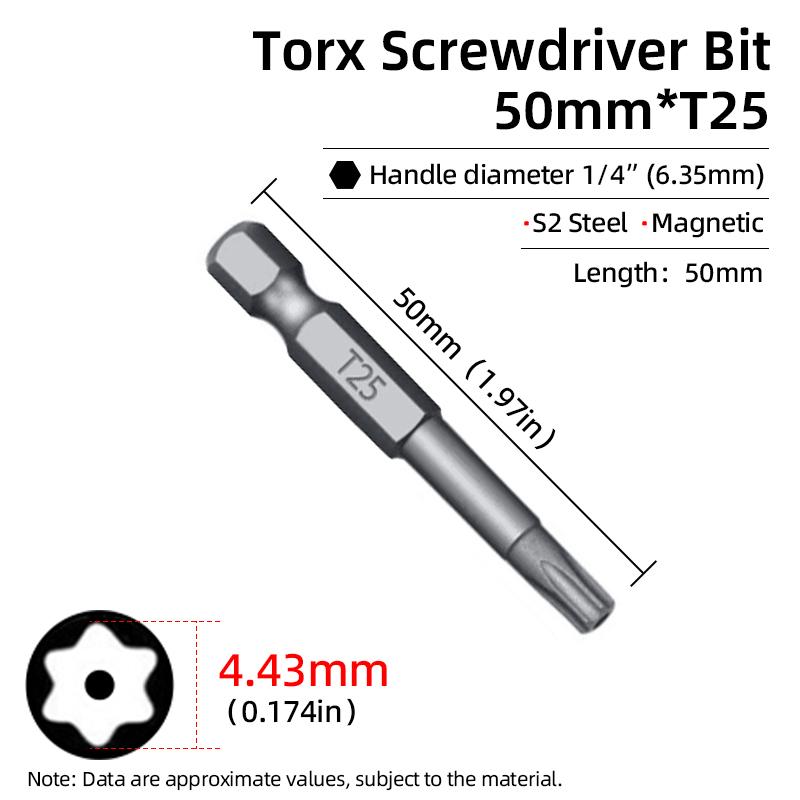 Бита Torx 50 мм Магнитная S2 Сталь 1/4'' Шестигранный хвостовик Полое отверстие Безопасные биты T5-T40 Электрическая дрель-шуруповерт Ручной инструмент