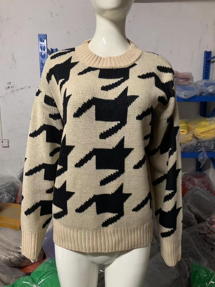 Осенне-зимний вязаный свитер в гусиную лапку для женщин, дизайн с круглым вырезом, нишевый пуловер, облегающий вязаный топ, верхняя одежда, роскошный, расслабленный, универсальный топ