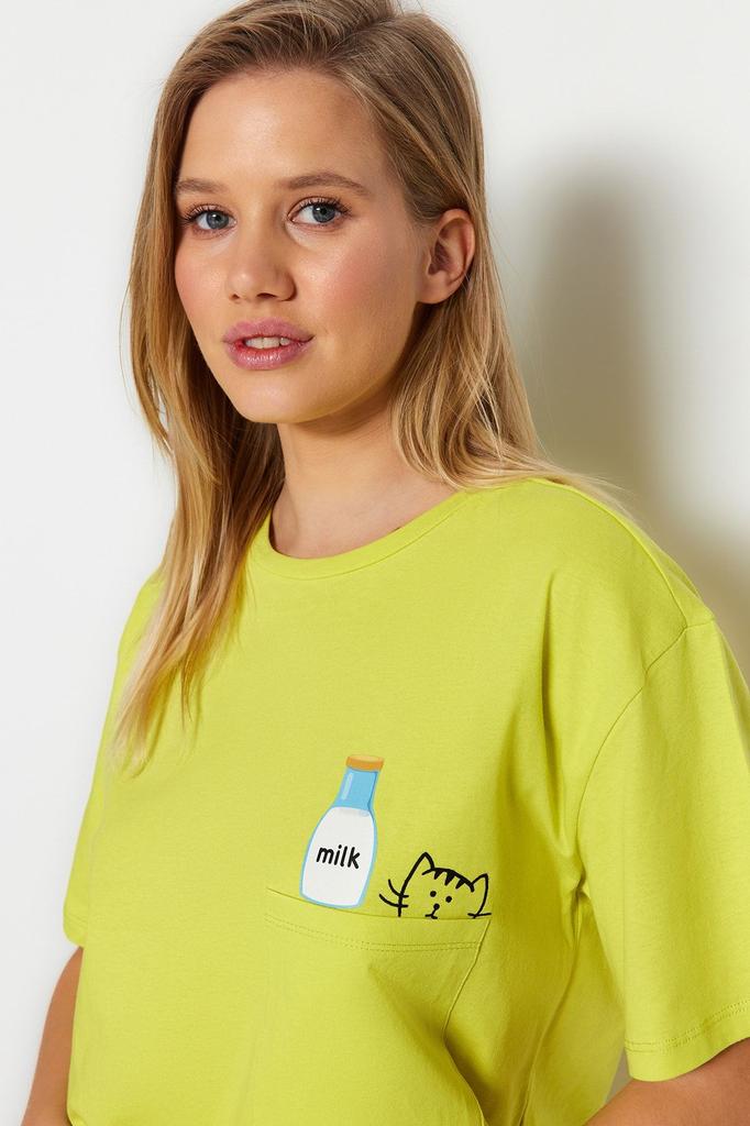 Women's Fashion New Pajama Set Gray Cotton Printed T-shirt-Shorts Knitted Pajama Set