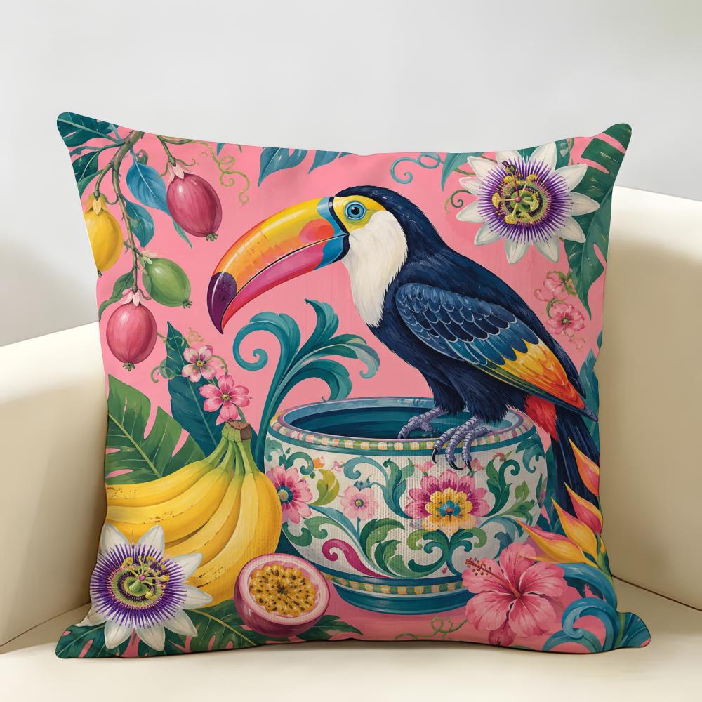Chinoiserie Monkey Holding Blue Umbrell Cushion Cover Durable Hypoallergenic Organic Linen Pillow Cover Washable SkinFriendly
