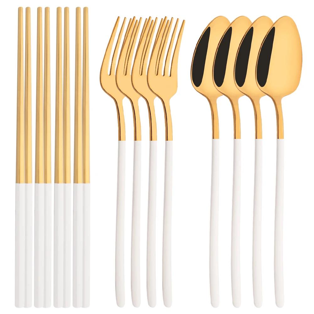 Серебряный набор столовых приборов из нержавеющей стали, палочки для суши, набор столовых приборов из 12 предметов, корейские палочки для еды, вилка, ложка, столовая посуда