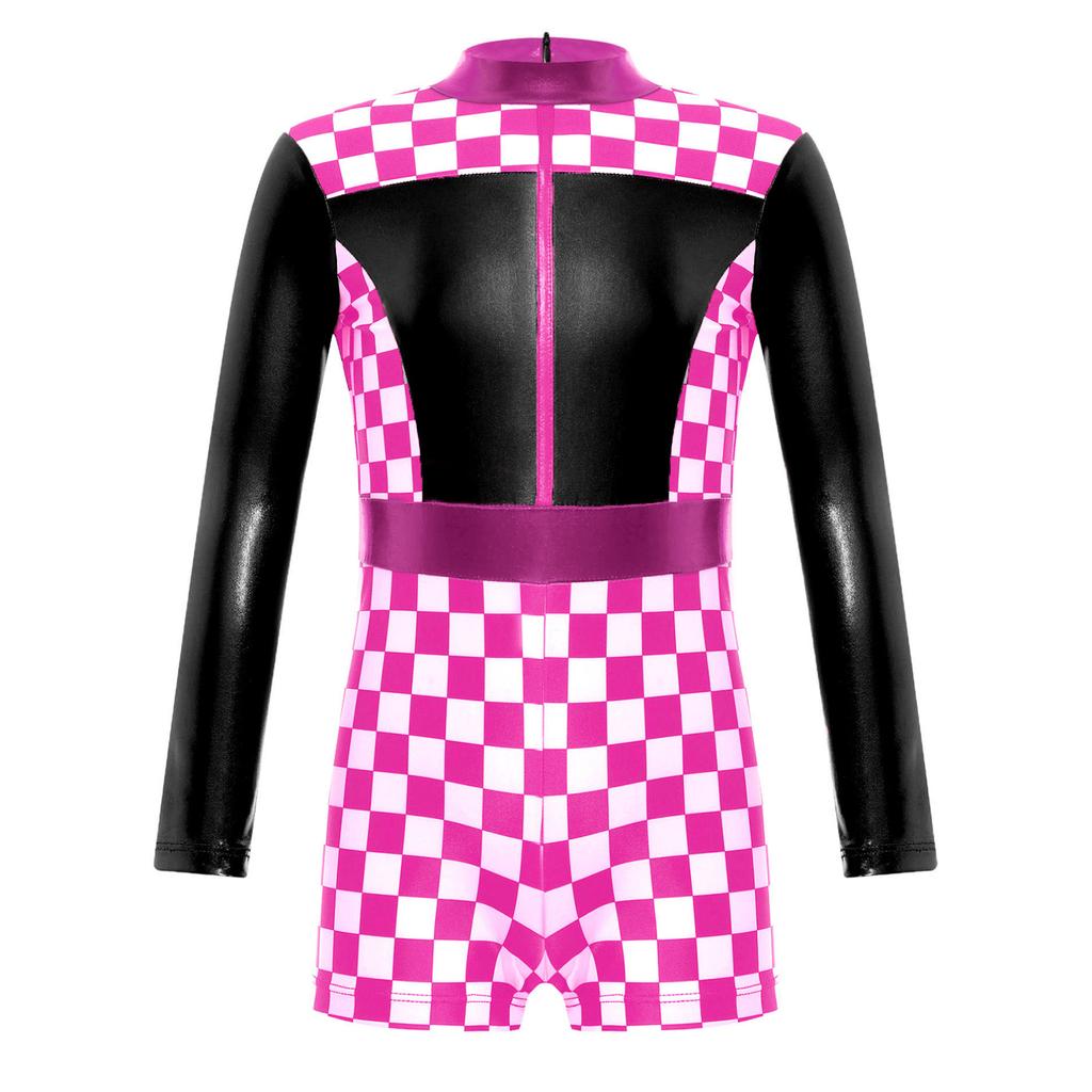 Детский комбинезон с длинными рукавами и принтом шахматной доски для девочек Biketard, костюм гонщика, карнавальный костюм для Хэллоуина, гимнастический костюм для танцев