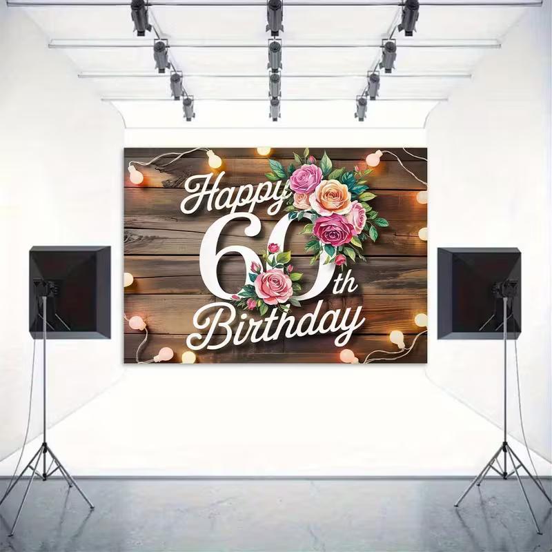 2D 60th Birthday Banner Rustic Wooden Floral Background for Women 60th Birthday Party Decoration