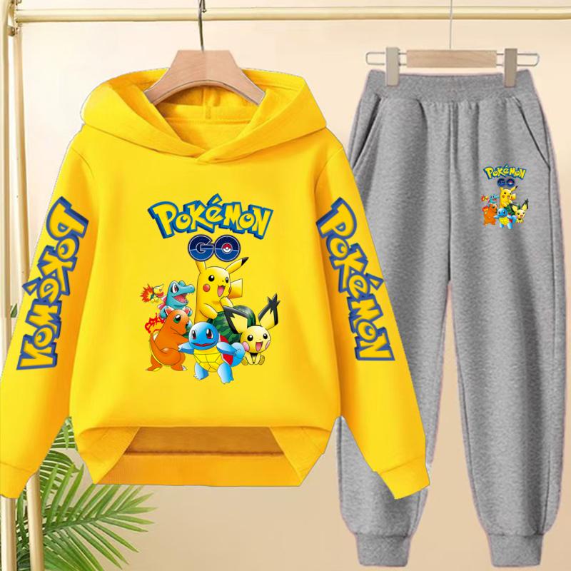 Pikachu Two-piece Clothing Children Girls Sweatshirt+Pants Casual Tracksuits Boys Pokemon Hoodie Kawaii Pullover Sports Coat Set