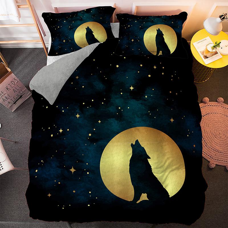 Wolf Duvet Cover Set Customized Fashion Wild Animals Moon Printed Bedding Set King Polyester Comforter Cover for Kids Boys Teen