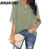 IHUASU Women's Fashion Casual Solid Color Print Short Sleeve V Neck Blouses & Shirts