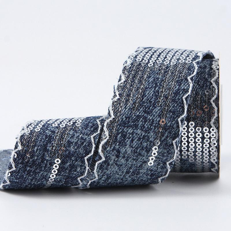 4смx10Ярдов Джинсовая Ткань с Блестящими Пайетками и Кисточками, Материалы для DIY, Скрапбукинг, 1 рулон