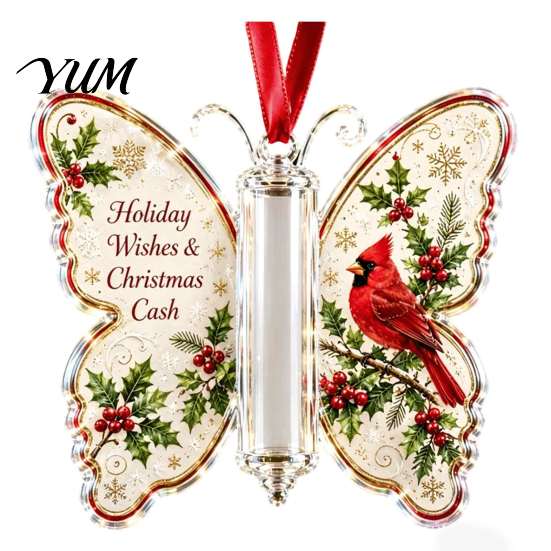 Acrylic Cash Display Christmas Gift Ornament, Butterfly Money Holder with Built?in Present Clear Compartment, Holiday Hanging Ornament for