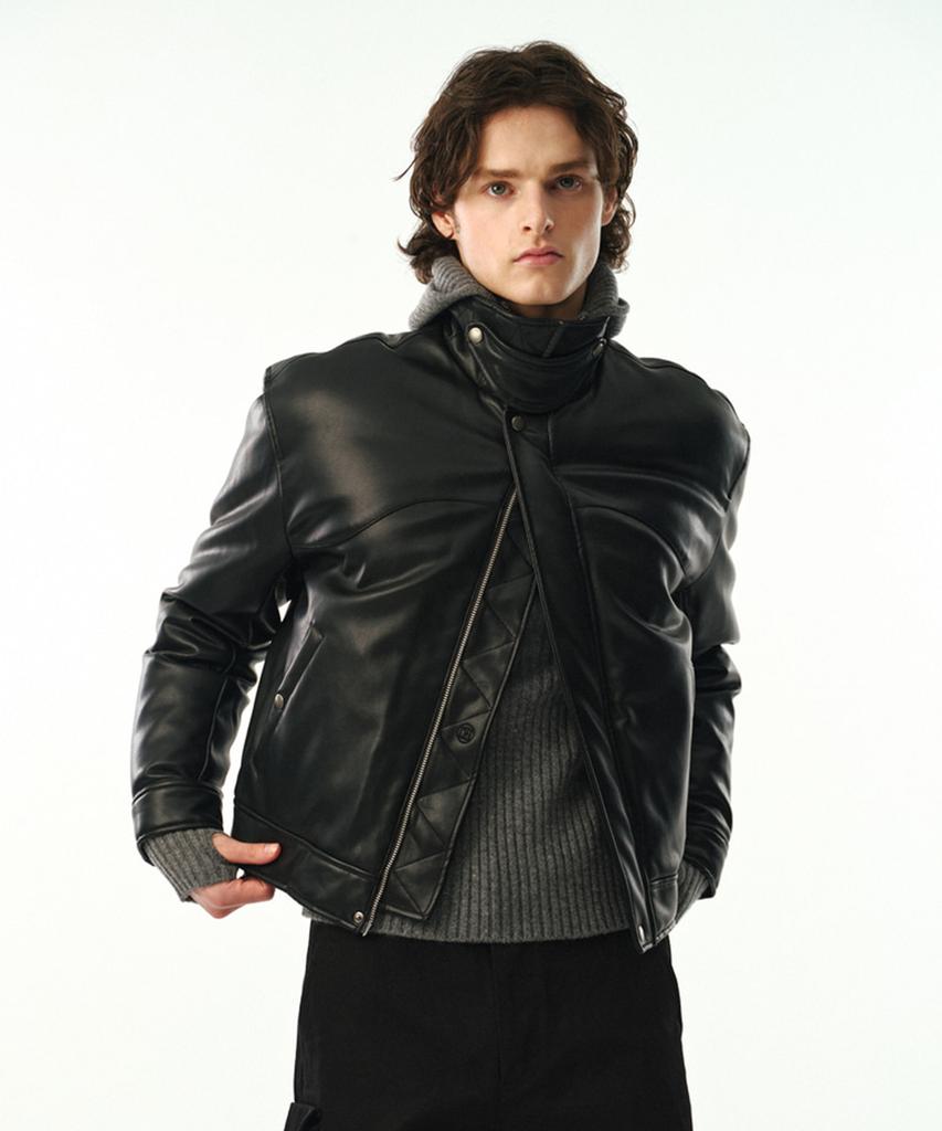 Moonsun Unisex Vegan Leather Goose-Down Puffer Blouson [Black]