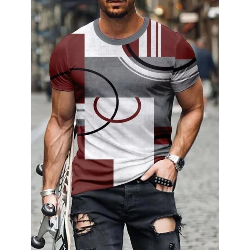 Футболки с 3D-принтом в стиле колор-блок, уличная мода, мужская мода, повседневные футболки оверсайз с круглым вырезом и коротким рукавом