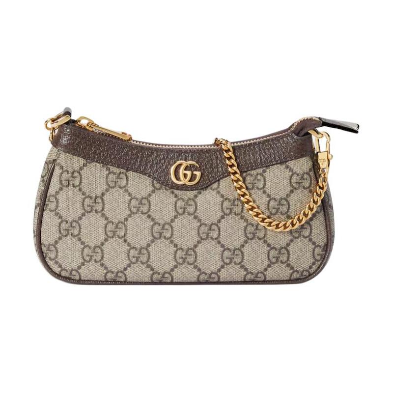 Gucci Ophidia Double G Золотая Фурнитура Коричневая Кожаная Отделка Мини-Сумка Женская Бежевая и Эбеновое Дерево