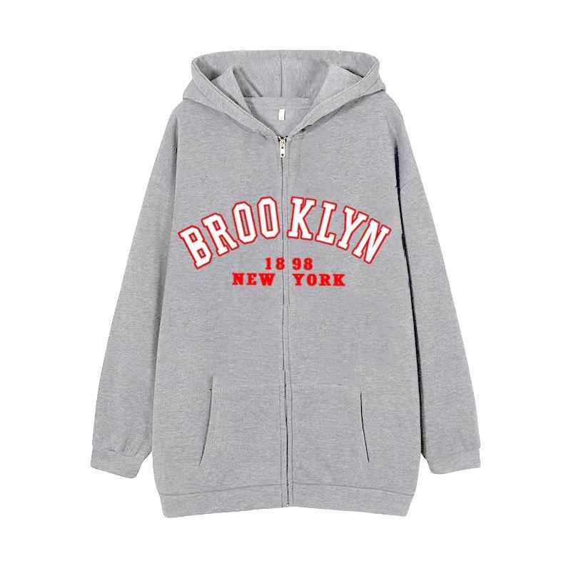 Zip-Up Hooded Sweatshirt Women Loose Fit Streetwear Geometric Print Cotton Long Sleeve Oversized Pullover