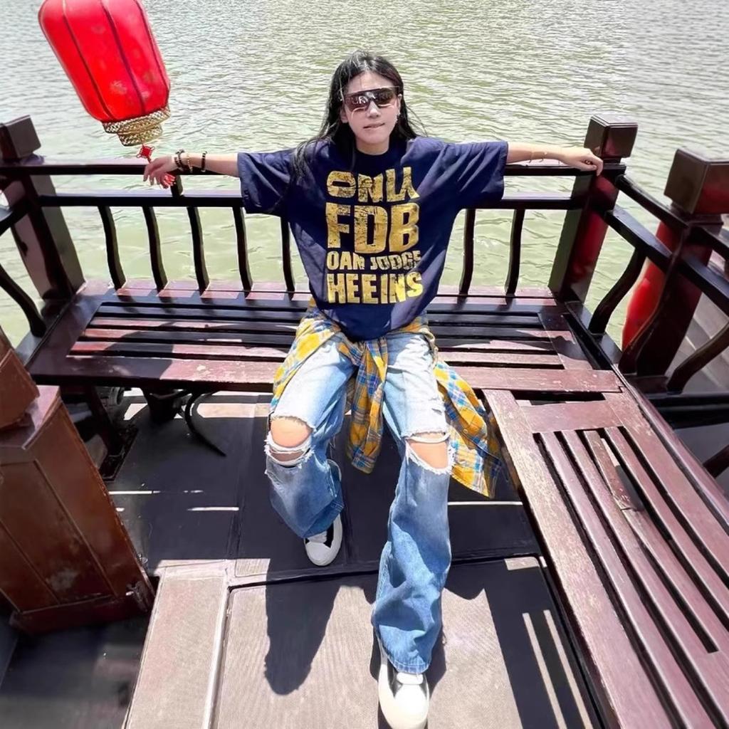 American retro cotton short-sleeved t-shirt women's summer letter printing round neck loose large size fat mm couple top tide