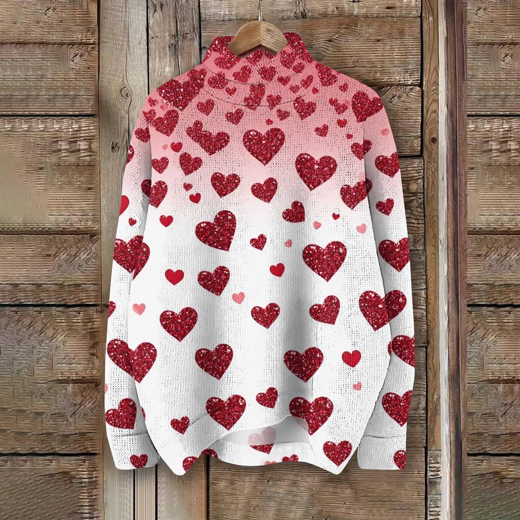 Женская мода, повседневная водолазка с круглым вырезом и длинными рукавами, с принтом ко Дню святого Валентина, трикотажный топ