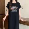 Letter-printed Korean-style Short-sleeved T-shirt Dress for Women, Loose and Casual, Plus-size Small Flying Sleeve Slit Dress, Long Dress for Summer