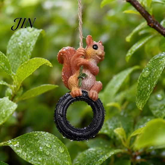 Decorative Outdoor Hanging Animal Squirrel on Tire Ornament, Realistic Resin Figurine for Lifelike Landscape Decor Garden Patio Tree Decoration,