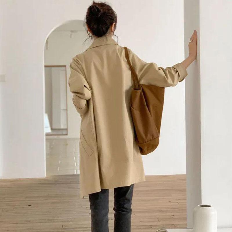 Polo Collar Trench Coat Solid Color Simple Casual Women's Thin Coat Mid Length Loose Single Breasted Design with Lining Cloth Spring Autumn