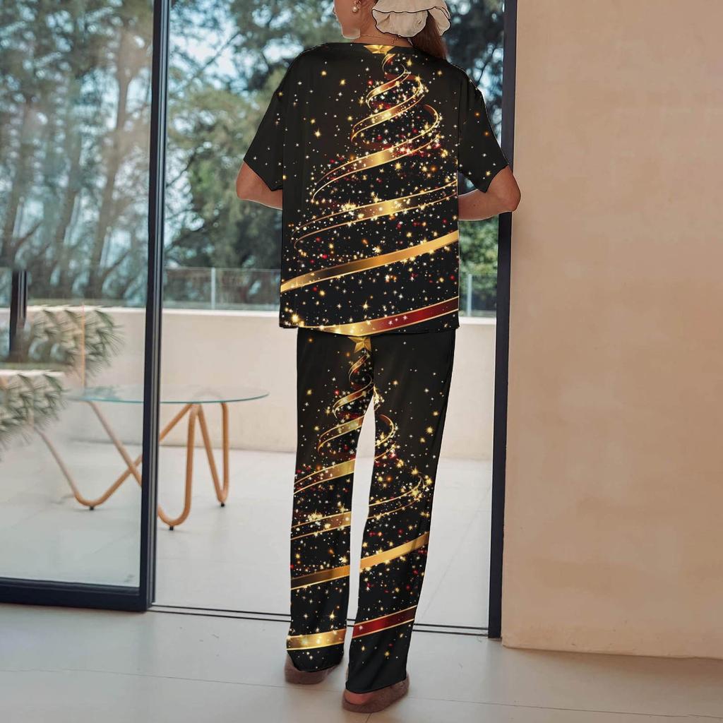 Женский шелковый атласный пижамный комплект с рождественским принтом, рубашка с коротким рукавом и длинные пижамные штаны, мягкая домашняя одежда