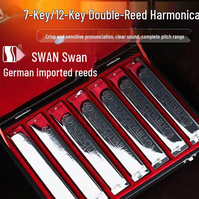 Набор губных гармоник Swan: 24-луночный, 7-предметный, 12-предметный Ящик для Студентов и Взрослых. Включает клавиши от A до G, идеально подходит для начинающих.