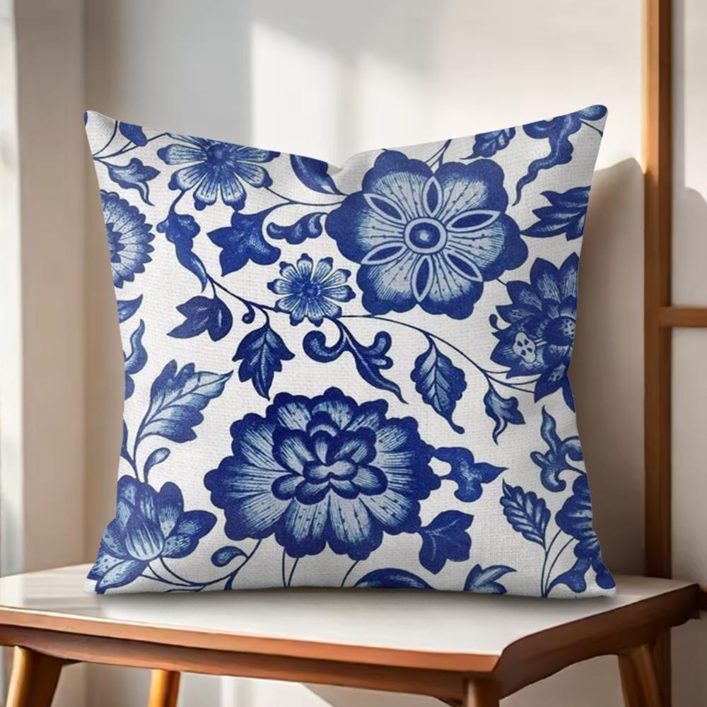 Blue And White Porcelain Cushion Cover Natural Linen Organic Fabric DoubleSided Printing Couch Pillow Covers Home Decor