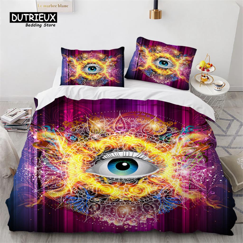 3D Colorful Eyes Duvet Cover Microfiber Vintage All Seeing Eye Tattoo Quilt Cover Boho Mandala Bedding Set Full Single King Size