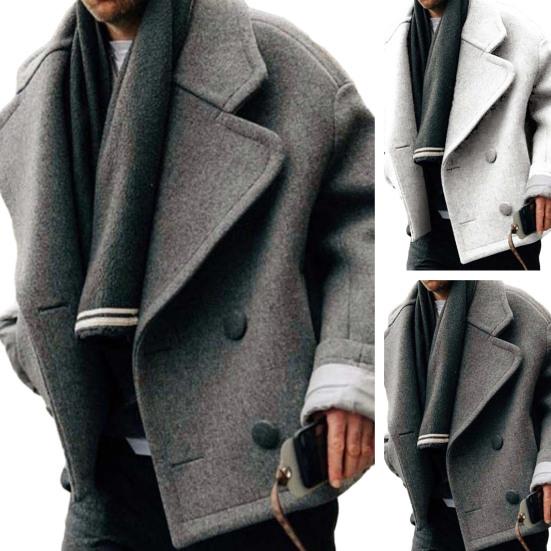 Men Winter Lapel Long Sleeve Coat Double Breasted Pockets Solid Color Warm Woolen Outwear Streetwear