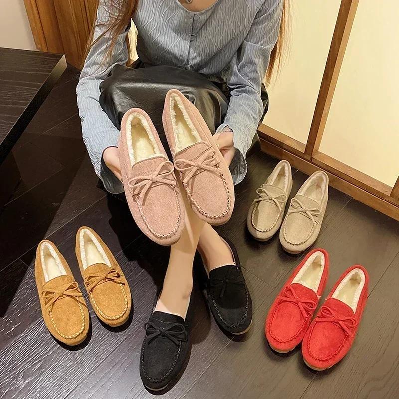 Модные женские мокасины Bow Winter Flats Нескользящие туфли на плоской подошве Женские теплые мокасины Slip-on Comfort Cotton Shoes Zapatos De Mujer