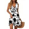 Женское платье с V-образным вырезом, без рукавов, повседневное, с цветочным принтом, плиссированное платье