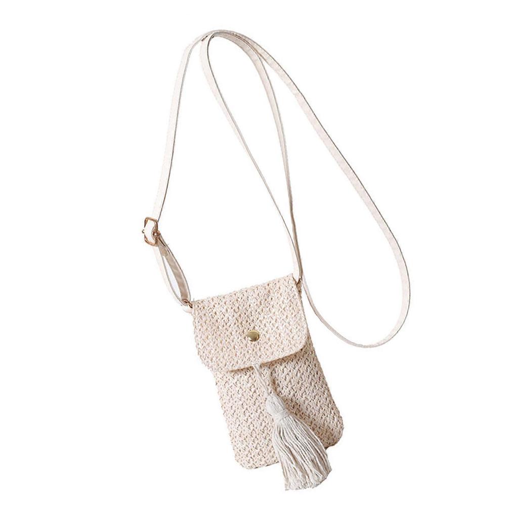 Trendy Vertical Purse with Adjustable Shoulder Strap for Phone and Essential Woven Straw Tassels Crossbody Phone Bag White
