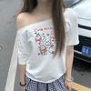 Белая летняя женская футболка с одним открытым плечом, короткий рукав, свободный крой, с принтом мультяшного котенка, повседневная