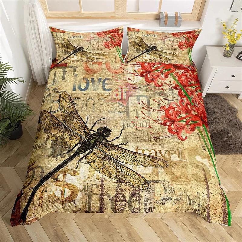Dragonfly Duvet Cover King Butterfly Flower Leaves Bedding Set Microfiber Nature Animals Plants Quilt Cover For Teens Girls Room