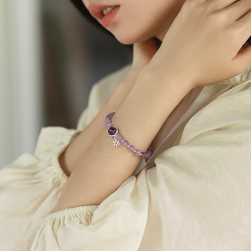 Браслет «Снежинка» из лавандового аметиста и фиолетового нефрита, серебро S925, бусины из натуральных кристаллов, простой женственный стиль.