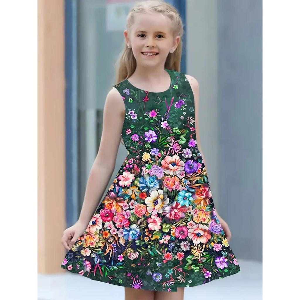 Girls Round Neck Sleeveless Vest Dress Dress Dresses Lovely Splicing Collision Colour Princess Dress 3D Digital Printing