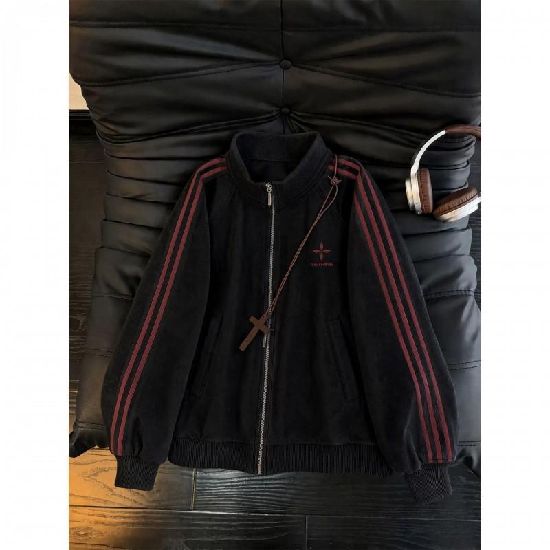 Mens Retro Striped PU Leather Jacket Casual Loose Fit Stand Collar Outerwear Fall Winter