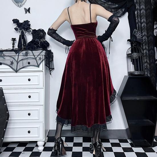 Женское платье для косплея в темном стиле, костюм для вечеринки на Хэллоуин, кружевное лоскутное шитье, неровный подол, без рукавов, с узкими оборками на талии, регулируемые ремни на талии