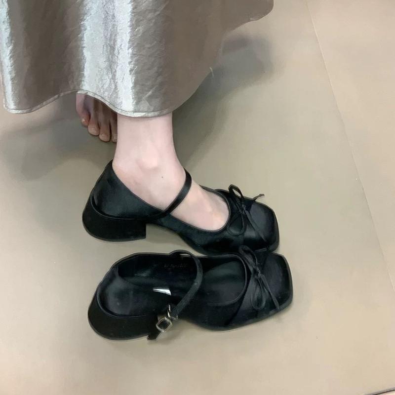 Женская обувь 2025 Весна Мэри Джейн Мода Бант Квадратный носок Сатин Женские туфли на высоком каблуке Пряжка Элегантные туфли Свадебная обувь