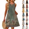 Ladies Fashion Casual Summer Vintage Floral Print Dress With Pocket Beach Holiday Vest Dress