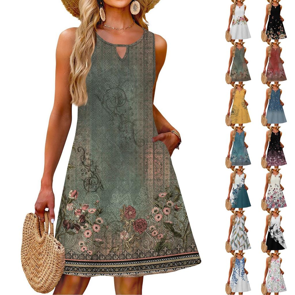 Ladies Fashion Casual Summer Vintage Floral Print Dress With Pocket Beach Holiday Vest Dress