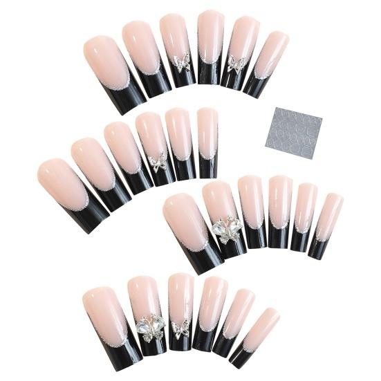 Нажмите на ногти, французский акрил, удлиненные, со стразами, блестящий маникюр своими руками, полное покрытие, длинные накладные ногти